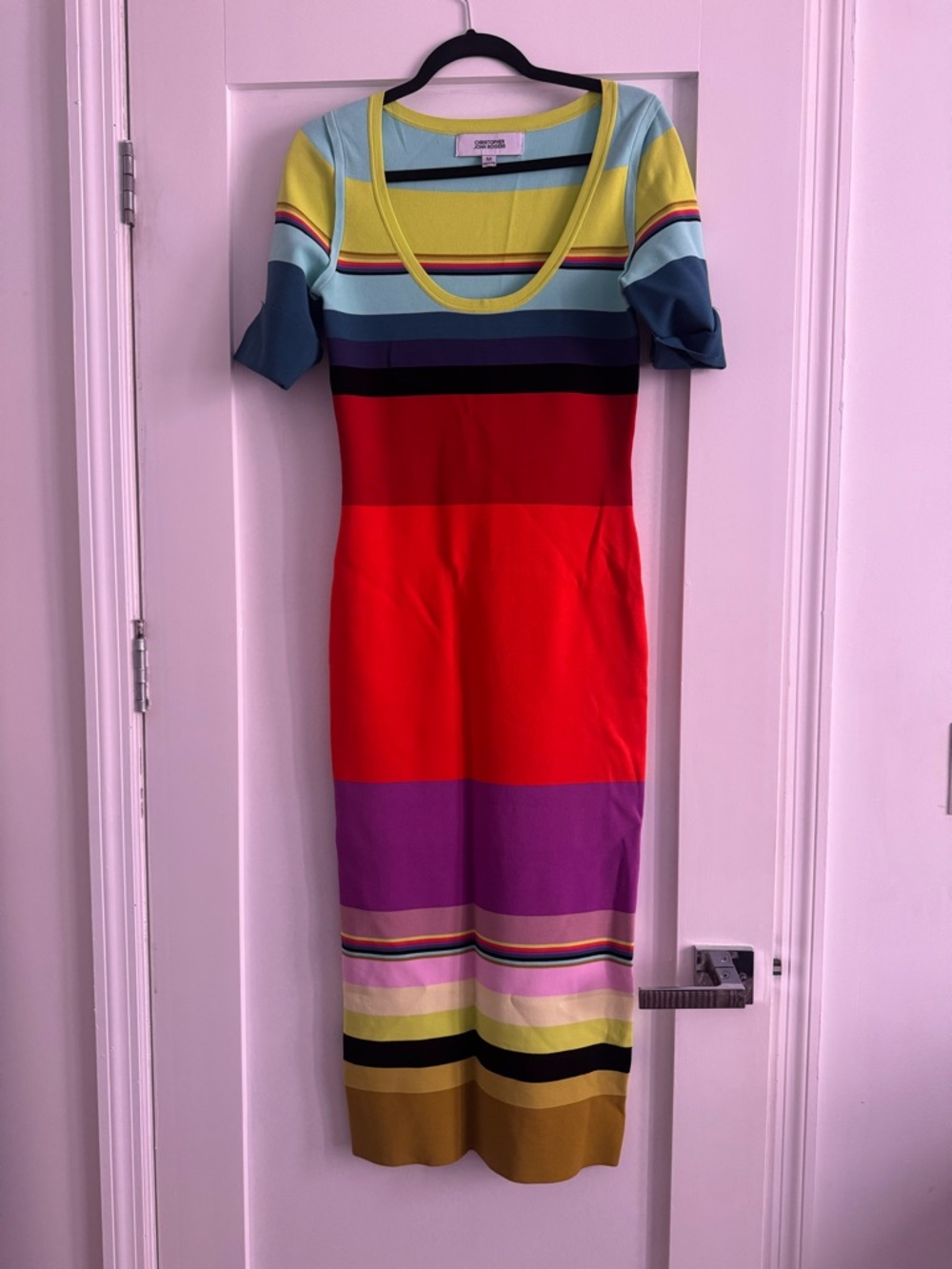 Christopher John Rogers Women’s M Bodycon Dress- Bold Red & Rainbow Stripes